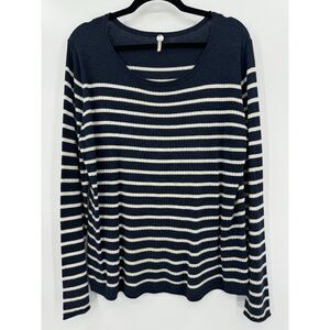 MARGARET O'LEARY Blue White Striped Scoop Neck Long Sleeve Top Size L
